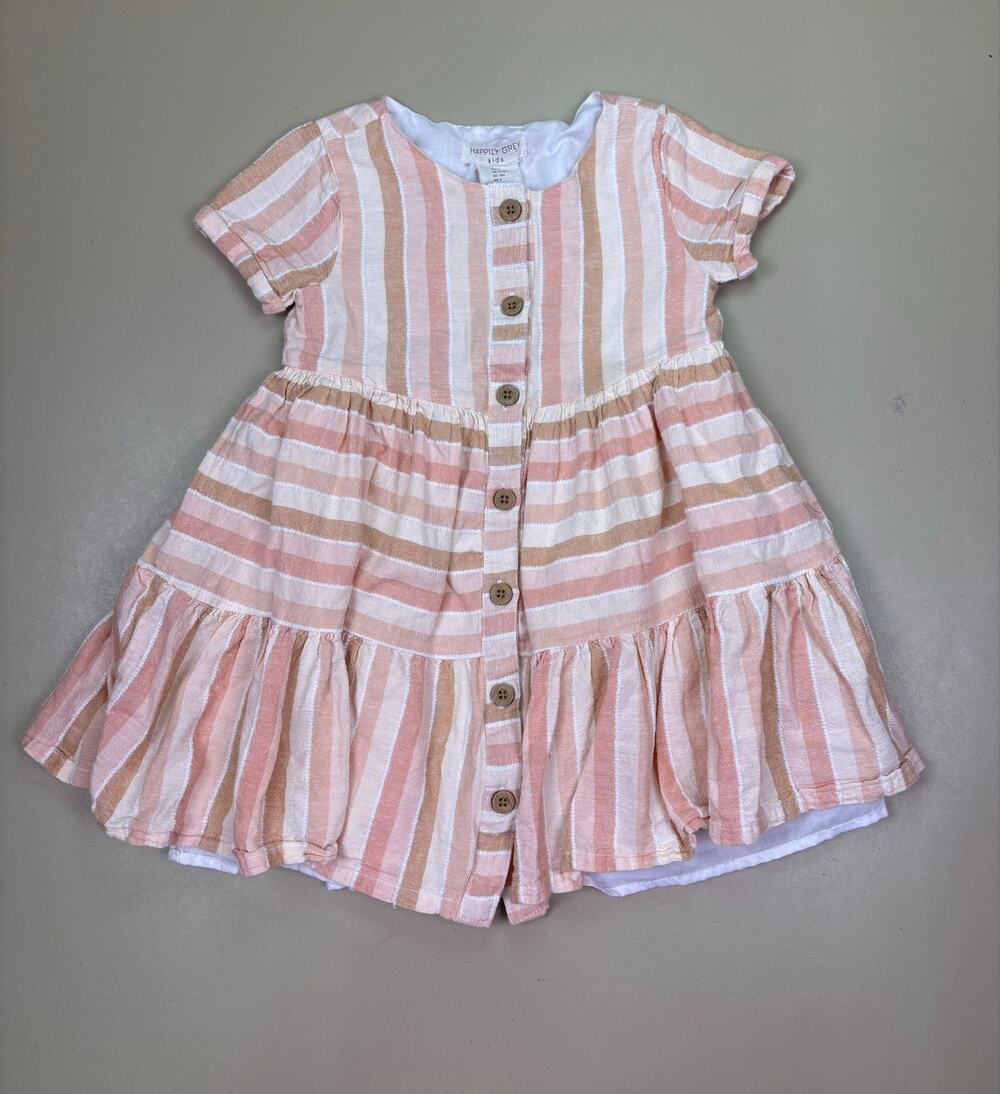 Happily Grey Kids Girls Size 4 Pink Tan Stripe Tiered Button Front Dress EUC